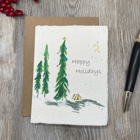 holiday cards. Christmas Cards. Outdoor adventure. camping. plantable card. Wildflower seed card. 